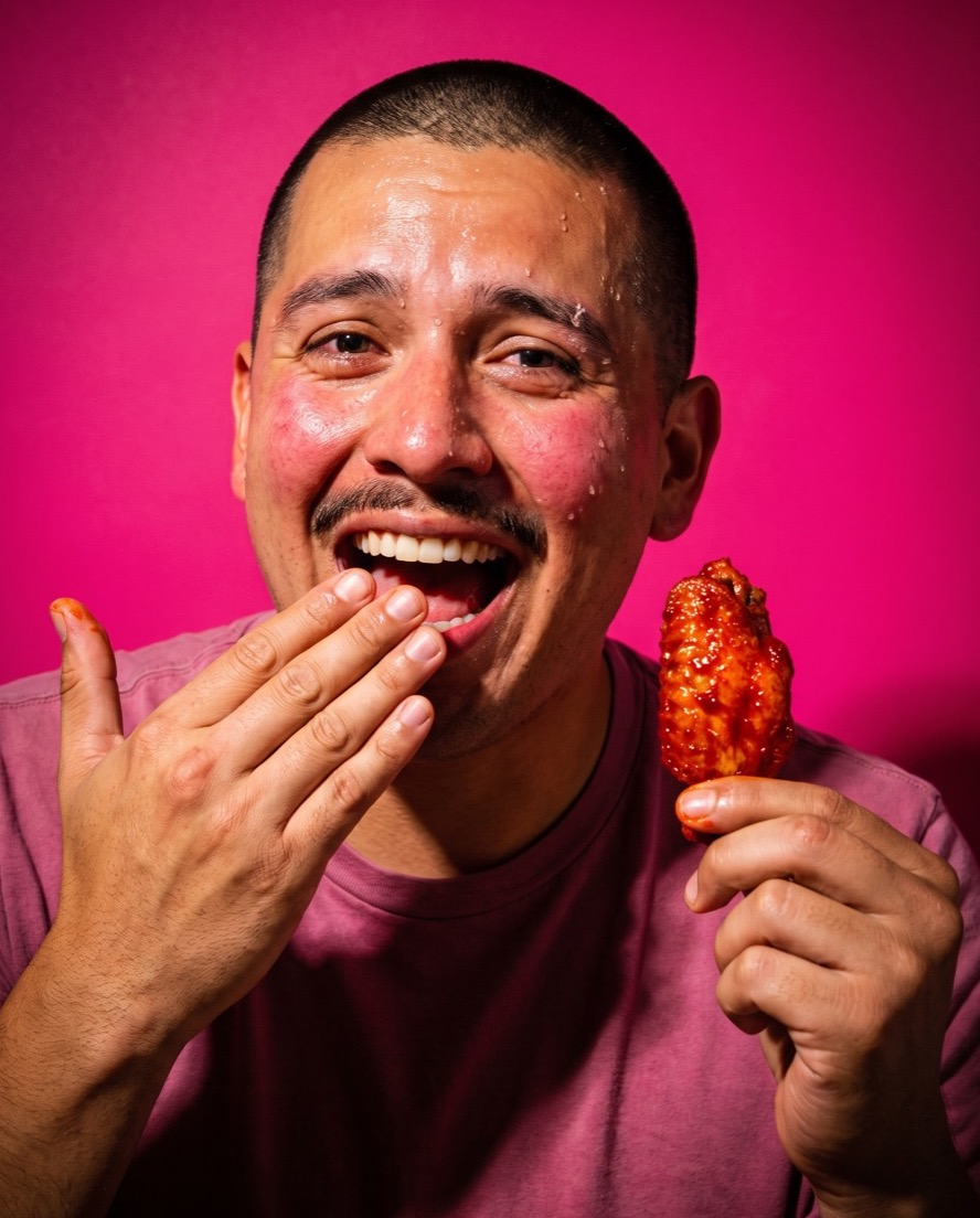 Marco Delgadillo sweating and grinning while holding a chili-lacquered chicken wing.