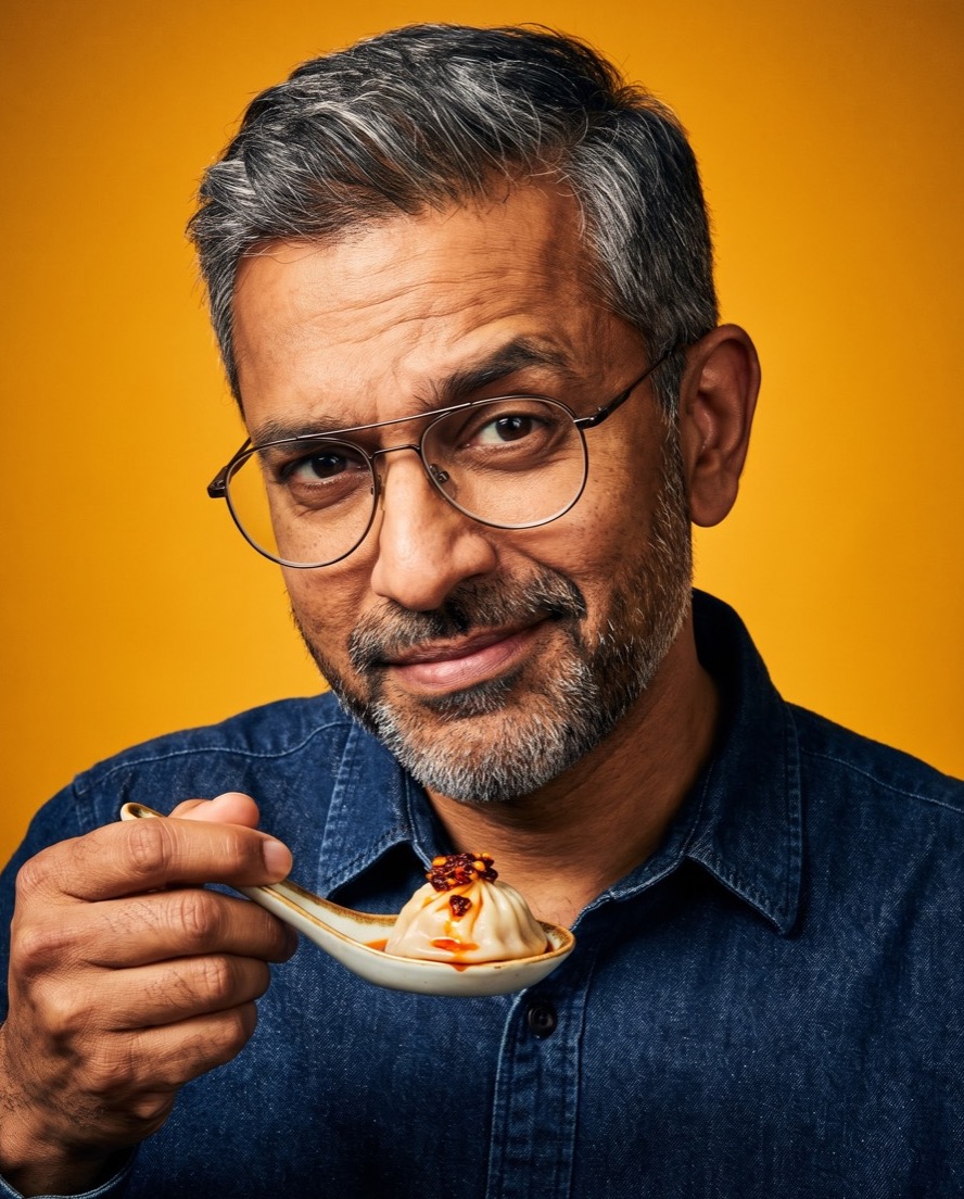 Vikram Sathe raising an eyebrow while holding a soup dumpling loaded with red chili crisp.