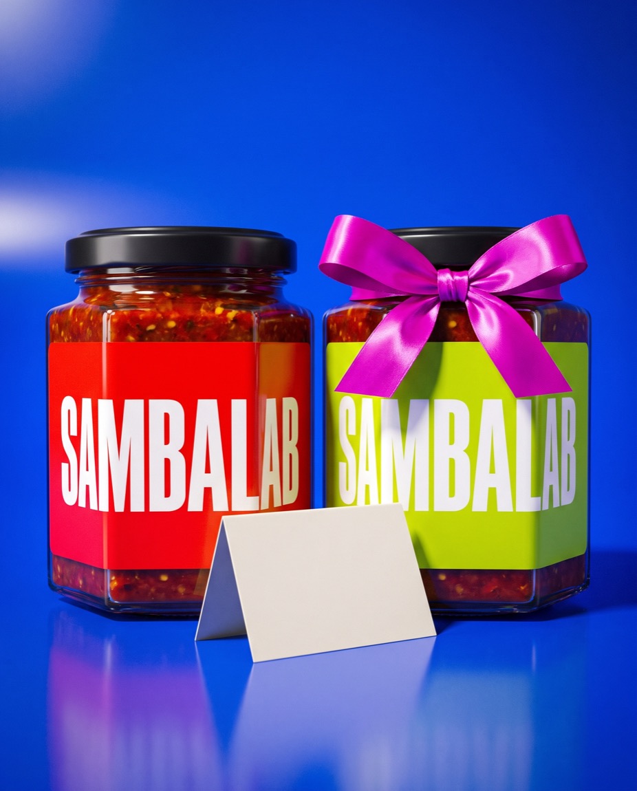 Two Sambalab jars side by side on a cobalt backdrop, one tied with a magenta ribbon next to a folded note card.