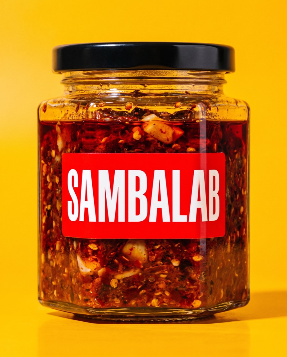 Close-up of a jar of sambal showing the coarse chili paste through the glass.