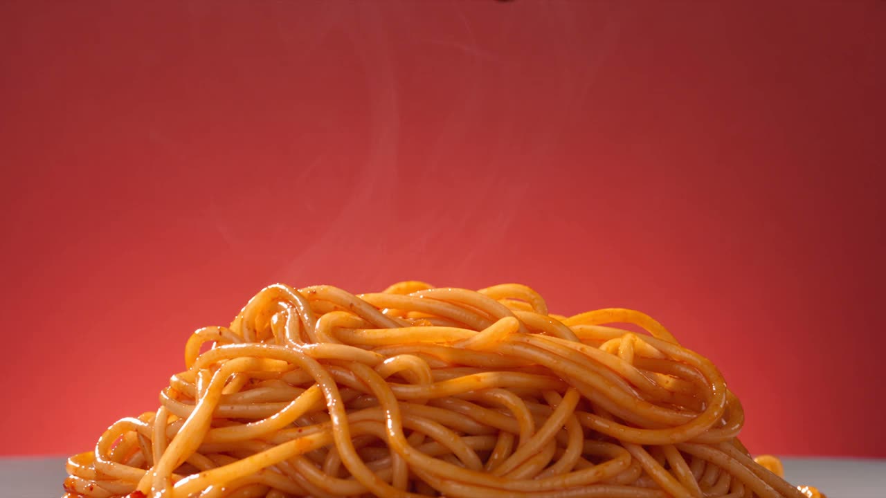 A nest of steaming noodles glossy with chili oil on a coral backdrop.